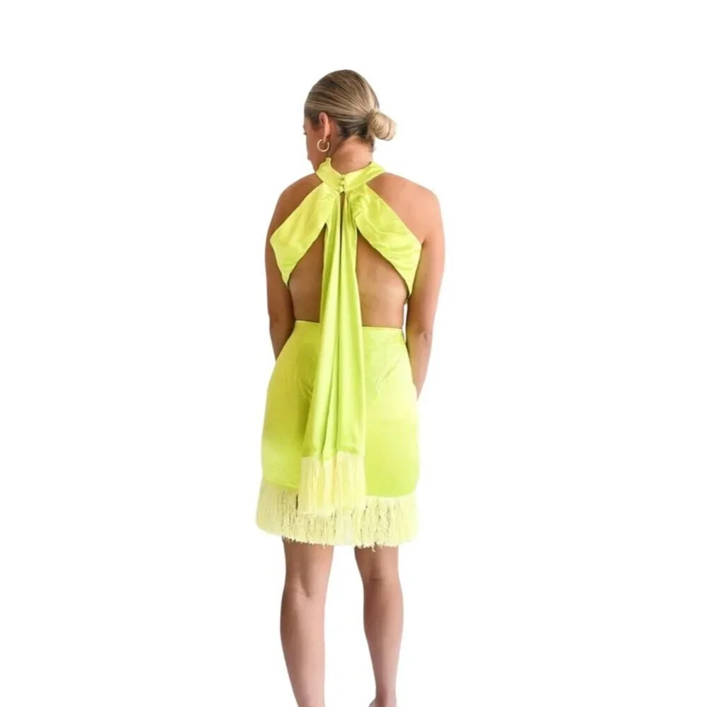 Satin Fringe Cutout XS Elliatt Citrus Leoni Halter Mini Dress In Lime Green - Picture 5 of 13